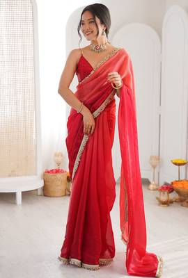 Red fendy satin shaded with lace border saree with blouse 1