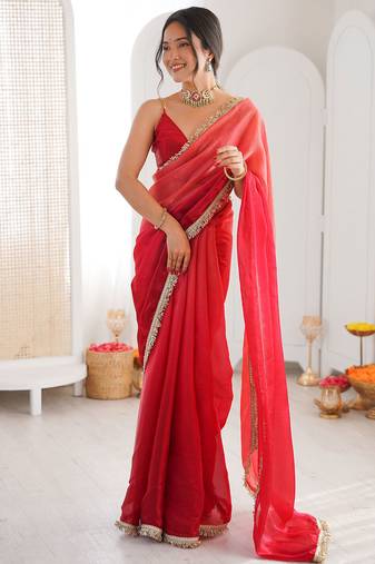 Red fendy satin shaded with lace border saree with blouse