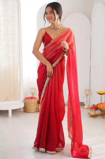Red fendy satin shaded with lace border saree with blouse