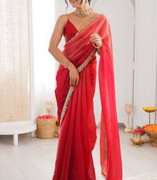 Red fendy satin shaded with lace border saree with blouse