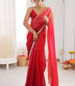 Red fendy satin shaded with lace border saree with blouse