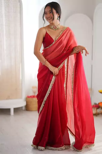 Red fendy satin shaded with lace border saree with blouse