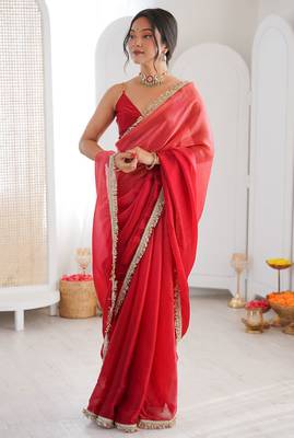 Red fendy satin shaded with lace border saree with blouse 3