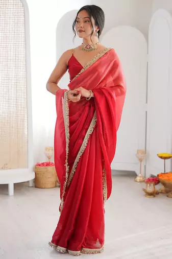 Red fendy satin shaded with lace border saree with blouse
