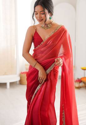 Red fendy satin shaded with lace border saree with blouse 4