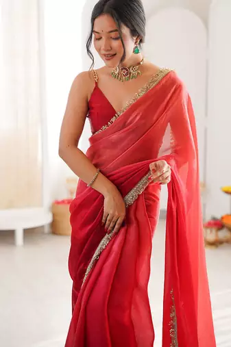 Red fendy satin shaded with lace border saree with blouse