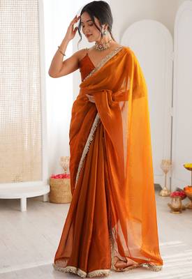 Orange fendy satin shaded with lace border saree with blouse 1