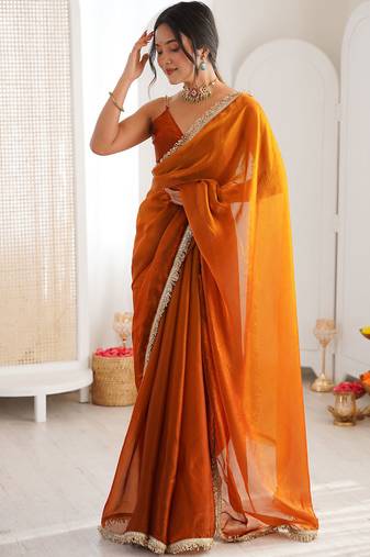 Orange fendy satin shaded with lace border saree with blouse