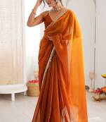 Orange fendy satin shaded with lace border saree with blouse