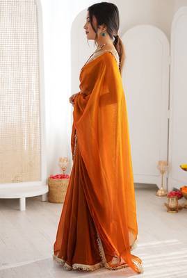 Orange fendy satin shaded with lace border saree with blouse 3