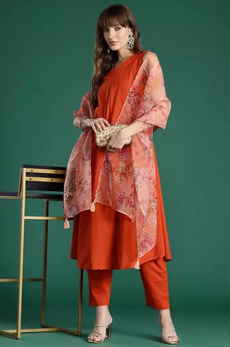 Women Floral Pleated Cotton Kurta with Trousers & With Dupatta