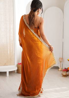 Orange fendy satin shaded with lace border saree with blouse 4