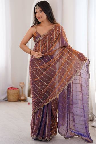 Copper fendy satin heavy embroidery sequins work saree with blouse