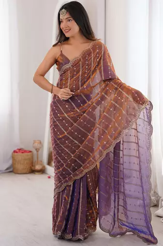 Copper fendy satin heavy embroidery sequins work saree with blouse