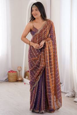 Copper fendy satin heavy embroidery sequins work saree with blouse 2