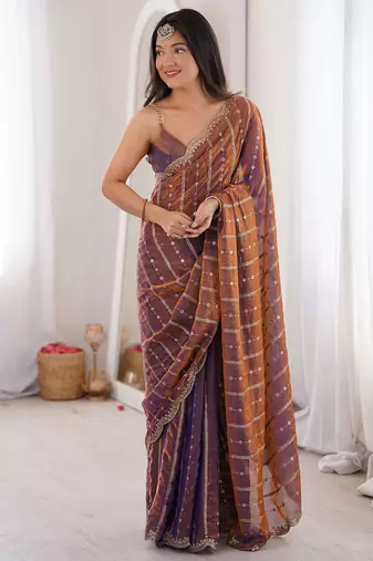 Copper fendy satin heavy embroidery sequins work saree with blouse