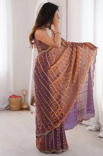 Copper fendy satin heavy embroidery sequins work saree with blouse
