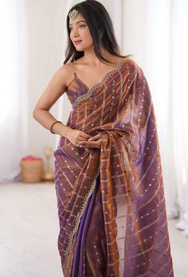 Copper fendy satin heavy embroidery sequins work saree with blouse 4