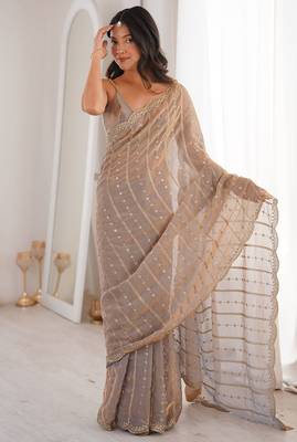 Grey fendy satin heavy embroidery sequins work saree with blouse 1