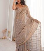 Grey fendy satin heavy embroidery sequins work saree with blouse