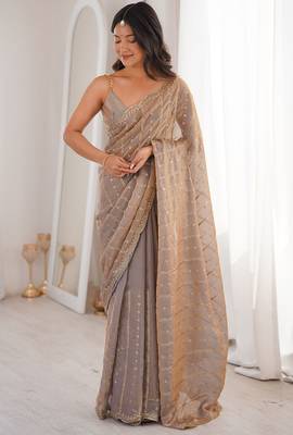 Grey fendy satin heavy embroidery sequins work saree with blouse 2