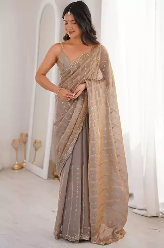Grey fendy satin heavy embroidery sequins work saree with blouse