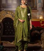 Embroidered Round Neck Straight Kurta With Trousers & Dupatta