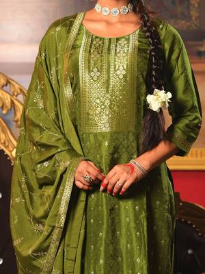 Embroidered Round Neck Straight Kurta With Trousers & Dupatta 3