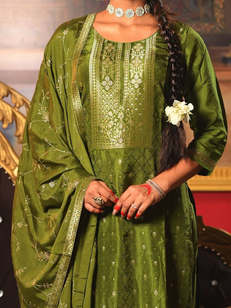 Embroidered Round Neck Straight Kurta With Trousers & Dupatta