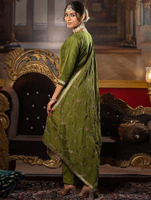 Embroidered Round Neck Straight Kurta With Trousers & Dupatta 4