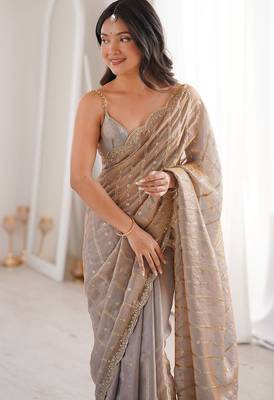 Grey fendy satin heavy embroidery sequins work saree with blouse 4