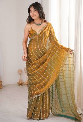 Gold fendy satin heavy embroidery sequins work saree with blouse 1