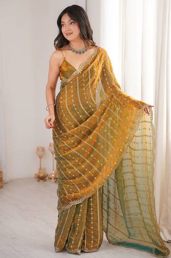 Gold fendy satin heavy embroidery sequins work saree with blouse