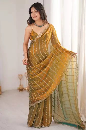 Gold fendy satin heavy embroidery sequins work saree with blouse