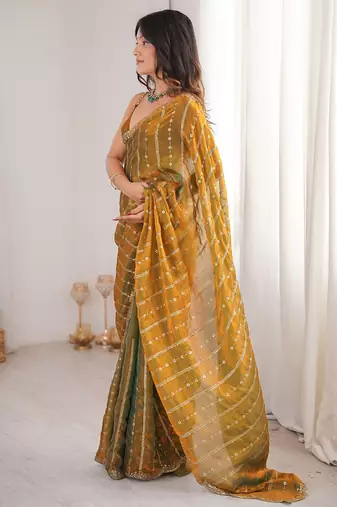 Gold fendy satin heavy embroidery sequins work saree with blouse
