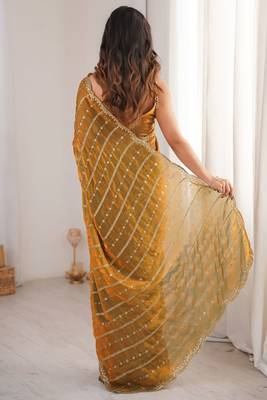 Gold fendy satin heavy embroidery sequins work saree with blouse 3