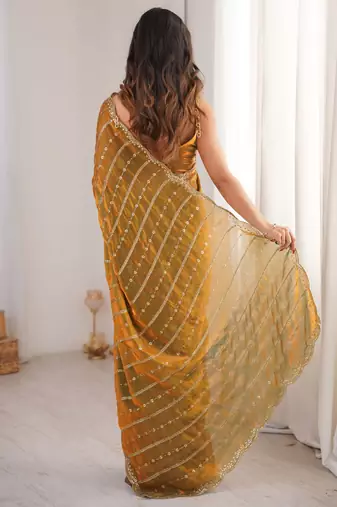 Gold fendy satin heavy embroidery sequins work saree with blouse