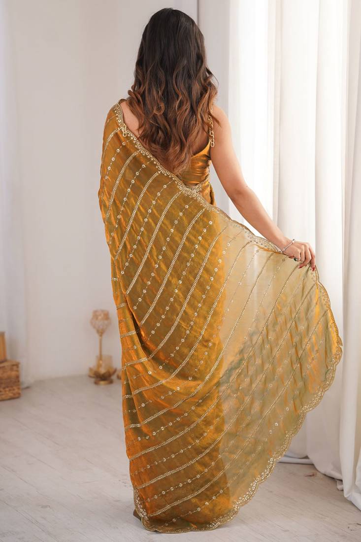 Gold fendy satin heavy embroidery sequins work saree with blouse
