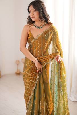 Gold fendy satin heavy embroidery sequins work saree with blouse 4