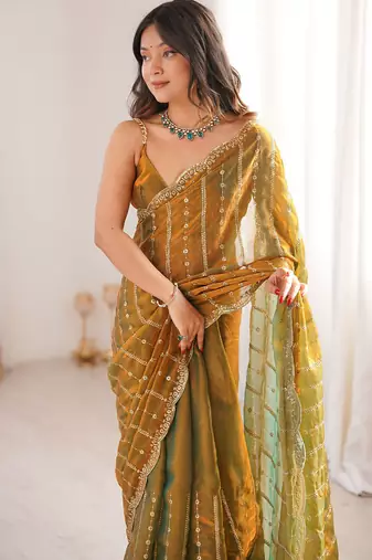 Gold fendy satin heavy embroidery sequins work saree with blouse