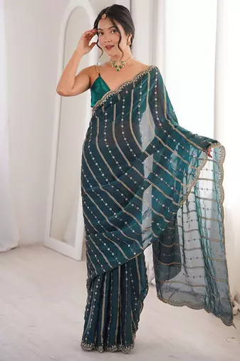 Teal fendy satin heavy embroidery sequins work saree with blouse