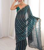 Teal fendy satin heavy embroidery sequins work saree with blouse