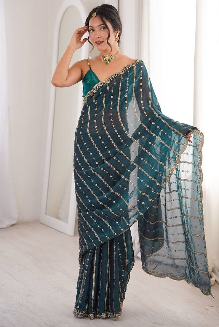 Teal fendy satin heavy embroidery sequins work saree with blouse