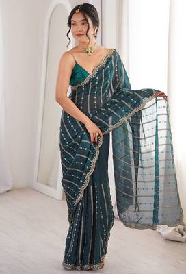 Teal fendy satin heavy embroidery sequins work saree with blouse 2