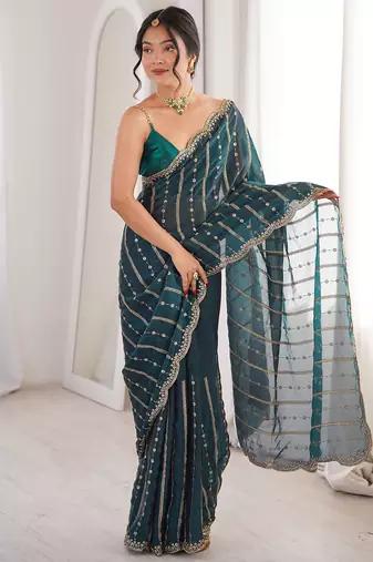 Teal fendy satin heavy embroidery sequins work saree with blouse