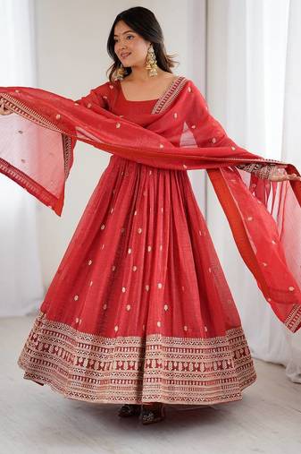 women's embroidery work crunchy silk blend flared anarkali and dupatta set