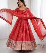 women's embroidery work crunchy silk blend flared anarkali and dupatta set