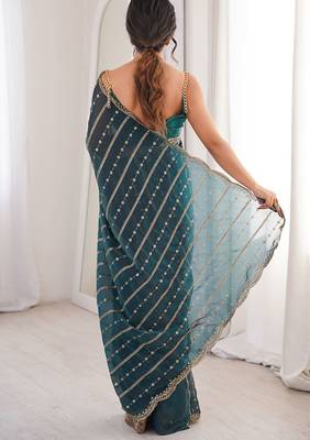 Teal fendy satin heavy embroidery sequins work saree with blouse 3