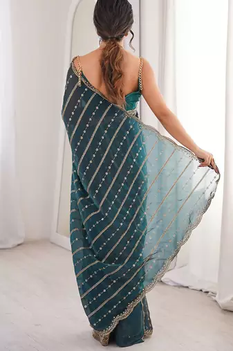 Teal fendy satin heavy embroidery sequins work saree with blouse
