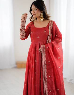 women's embroidery work crunchy silk blend flared anarkali and dupatta set 2